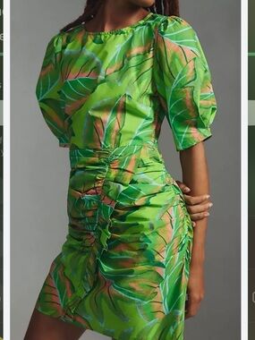 FARM Rio Green Tropical Leaf Print Ruched Dress small
